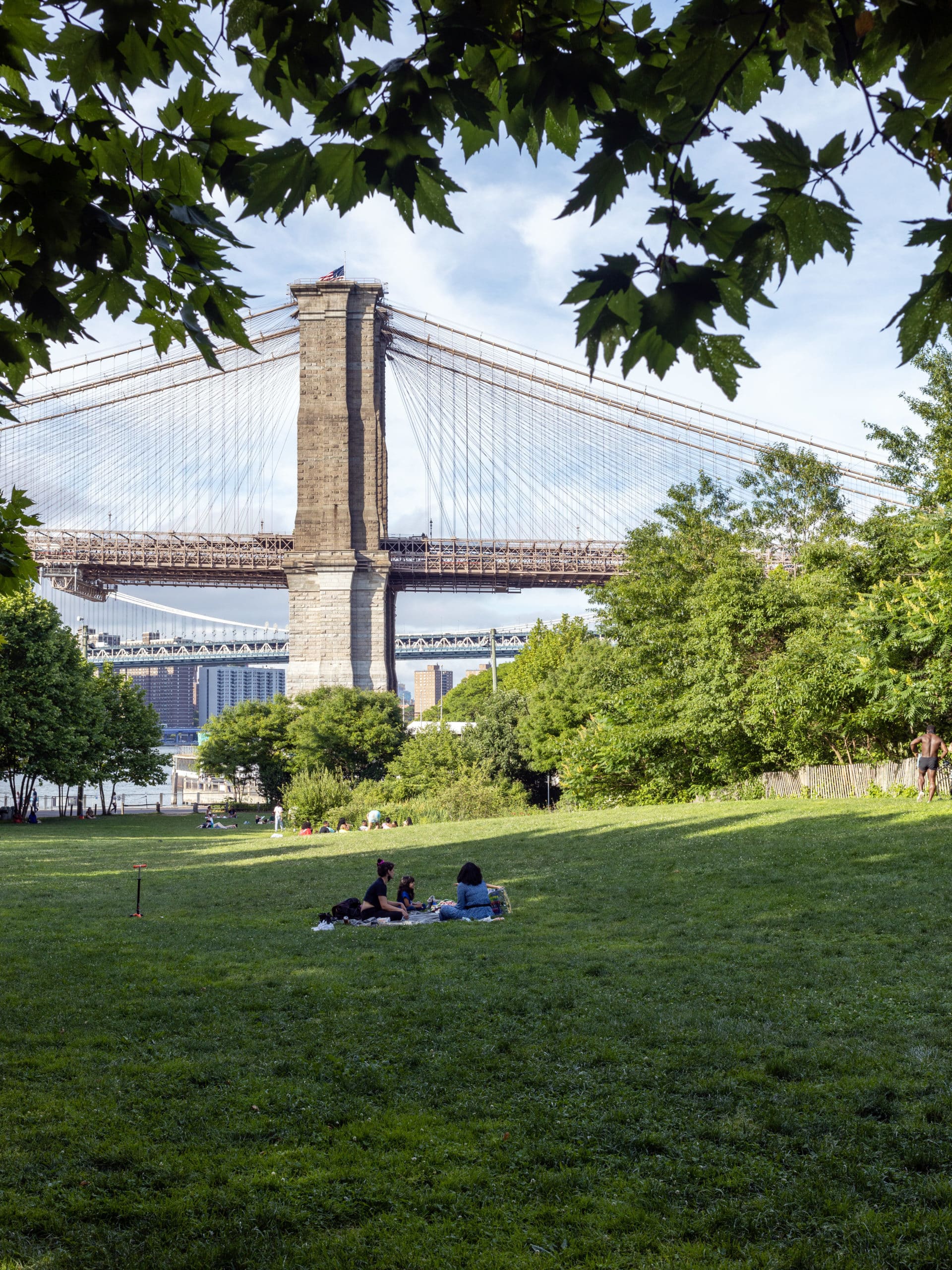 People sitting in the shade on Pier 1 Lawn with Brooklyn Bridge in background.