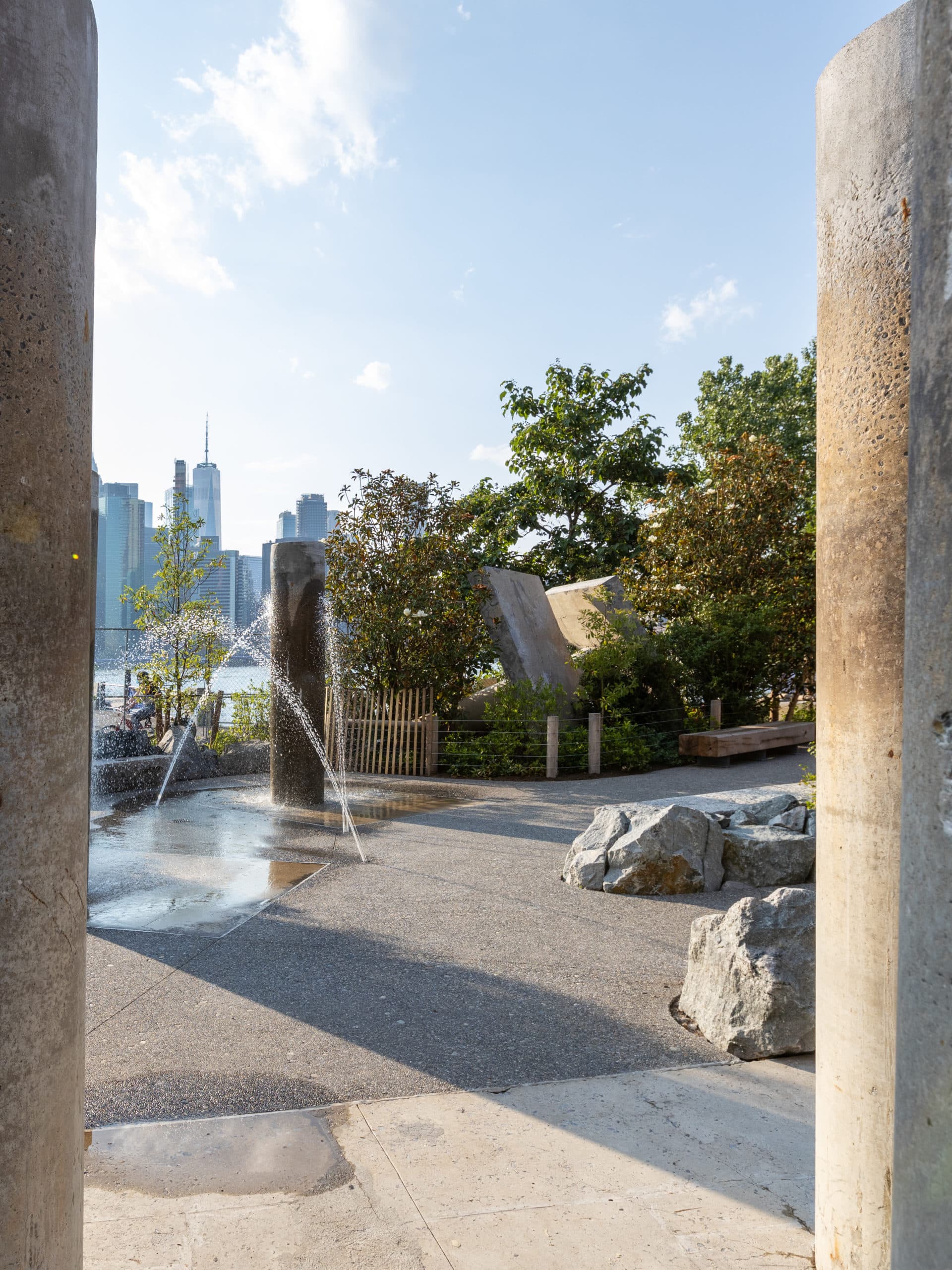 Water feature at the Water Area with a view of lower Manhattan.