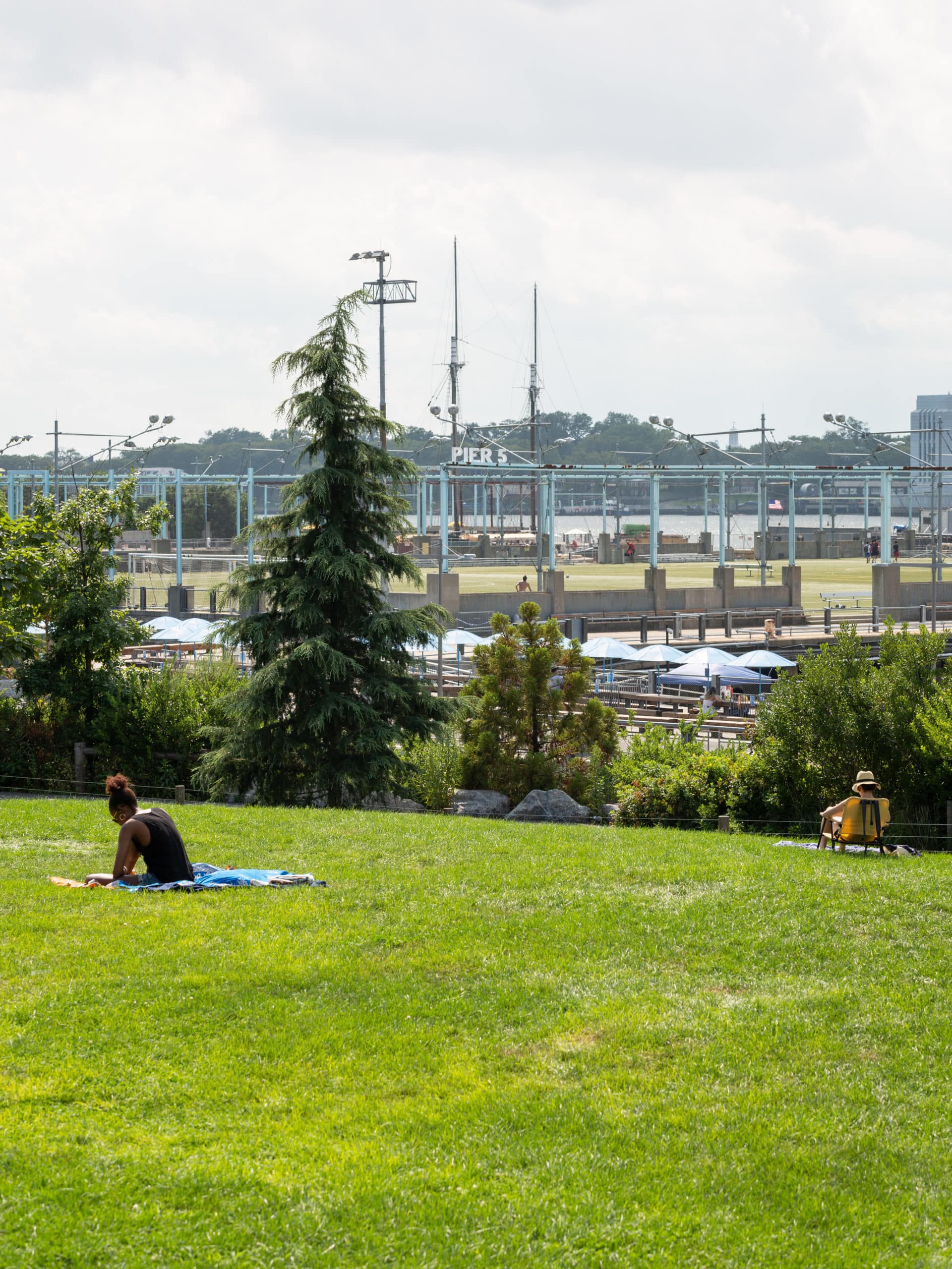 People sitting on the Pier 5 Uplands Lawn on a sunny day with Pier 5 in the background.