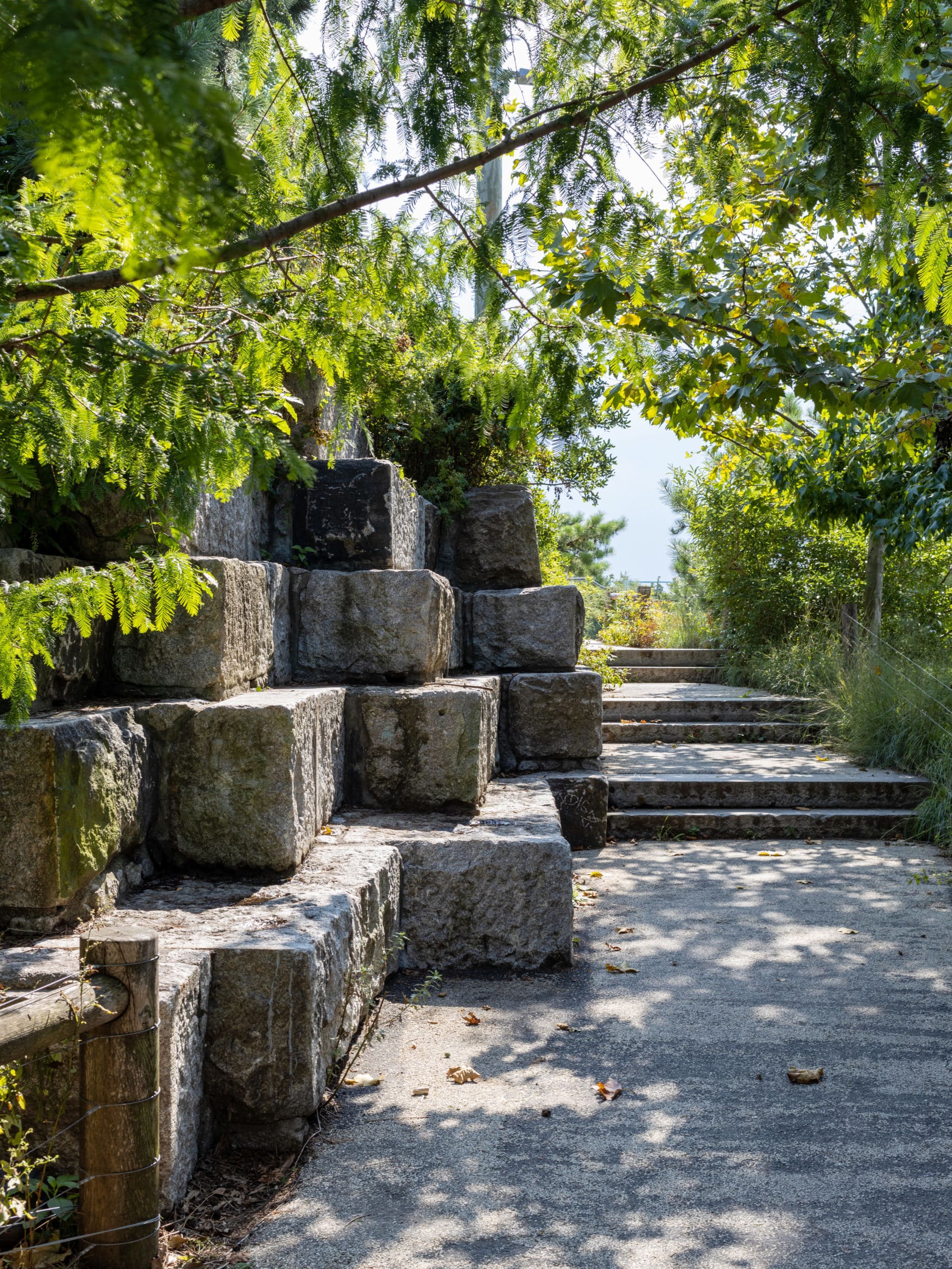 Stack of square granite blocks along a tree-lined pathway on a sunny day.