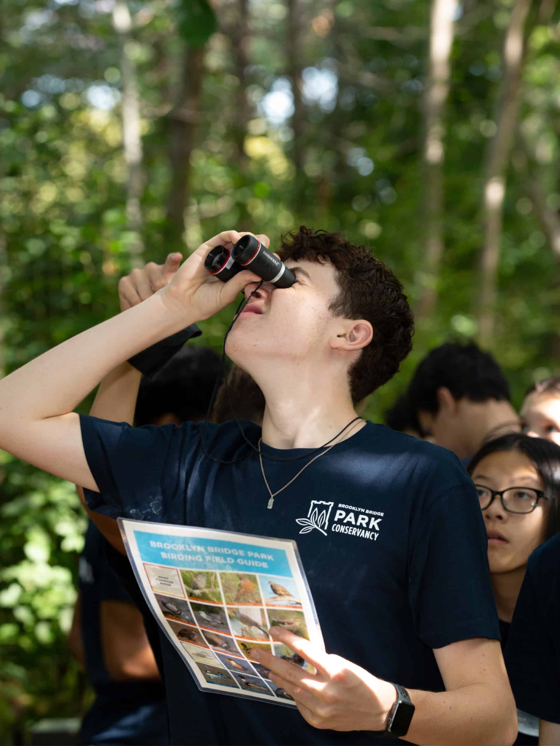 Close up of boy looking through binoculars holding a bird guide.