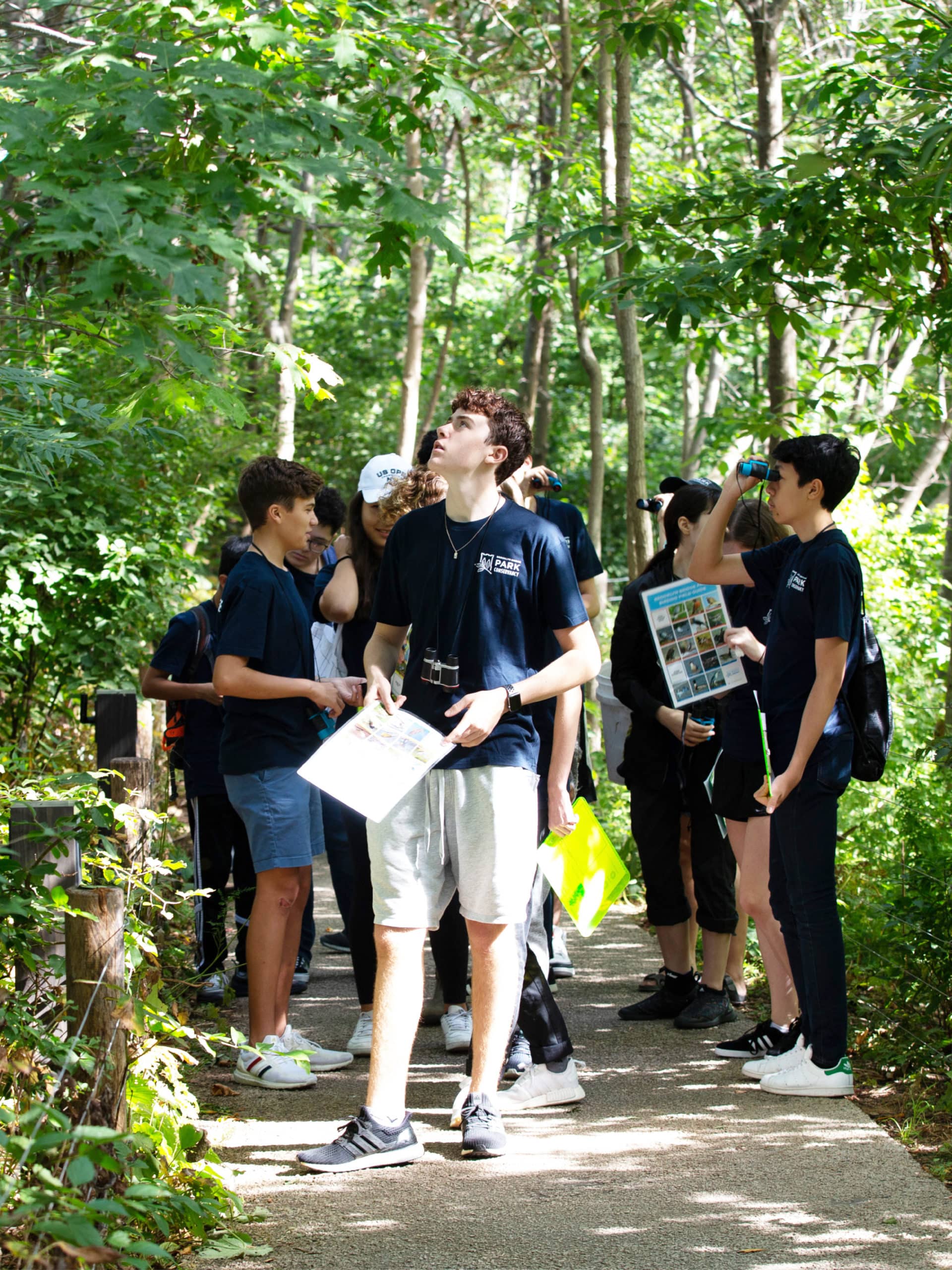 Teenagers birdwatching on a tree-lined path.