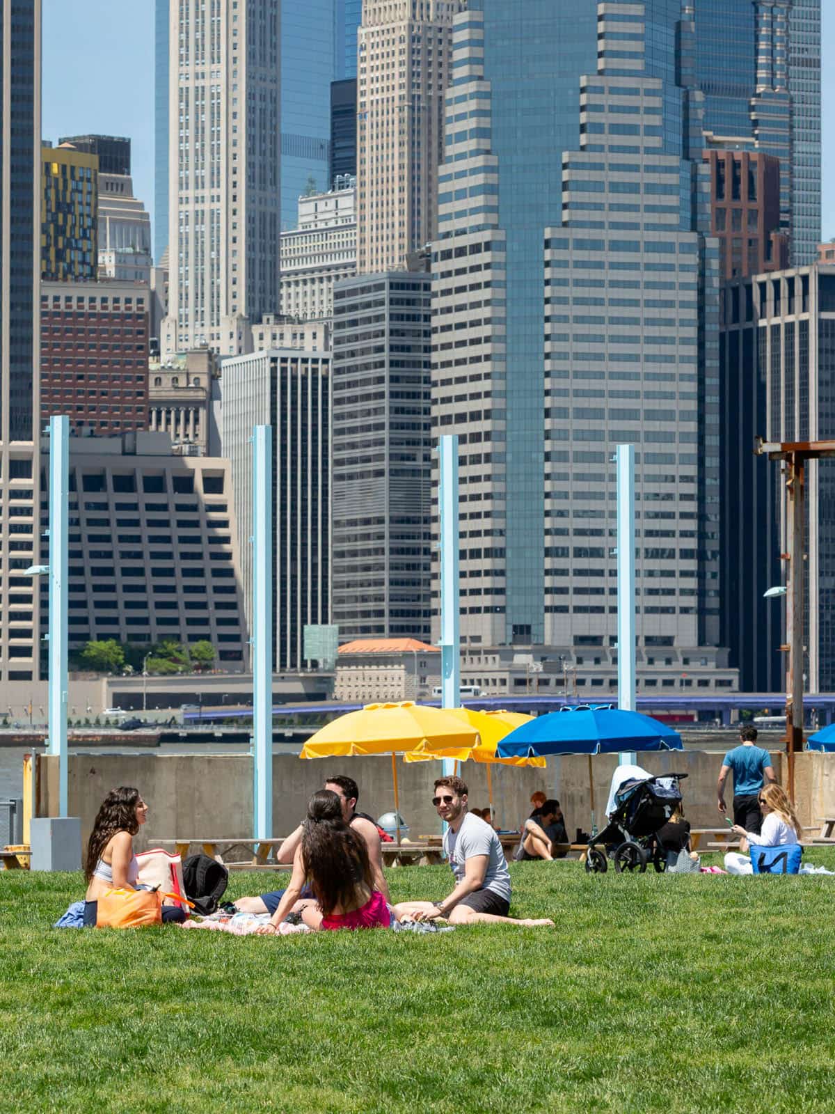 Group of people sitting on a lawn on a sunny day. Lower Manhattan is seen in the background.