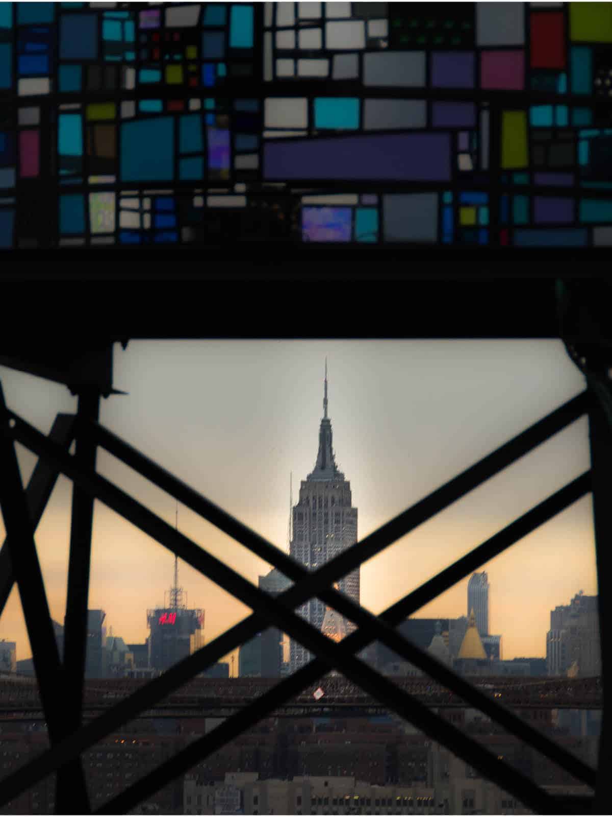 Looking underneath Watertower II by Tom Fruin towards the Empire State Building in Manhattan.