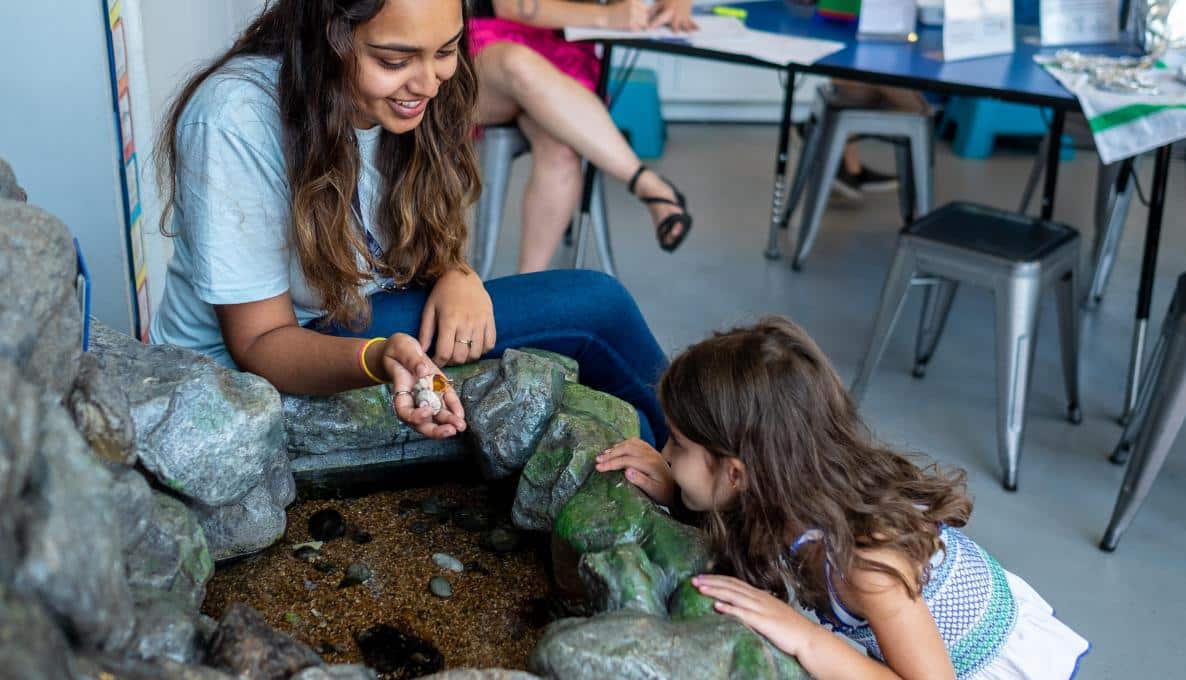 Girl looking at hermit crabs held by instructor in a classroom.
