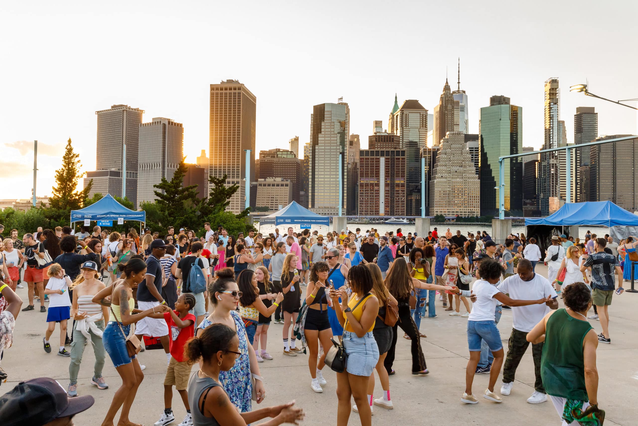 Dance party with sunset over Manhattan