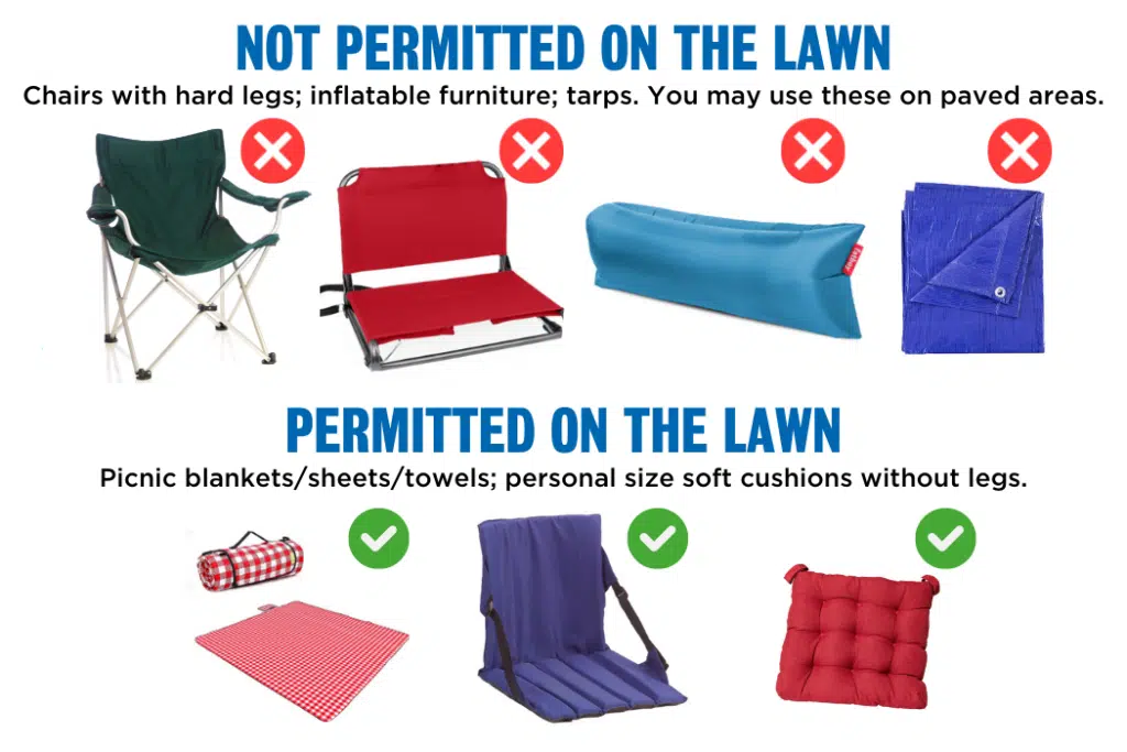 Graphic showing types of chairs permitted and not permitted on lawns at Brooklyn Bridge Park. Chairs with hard bottoms not allowed. Picnic blankets and soft personal sized cushions allowed. Exceptions are made for wheelchairs.