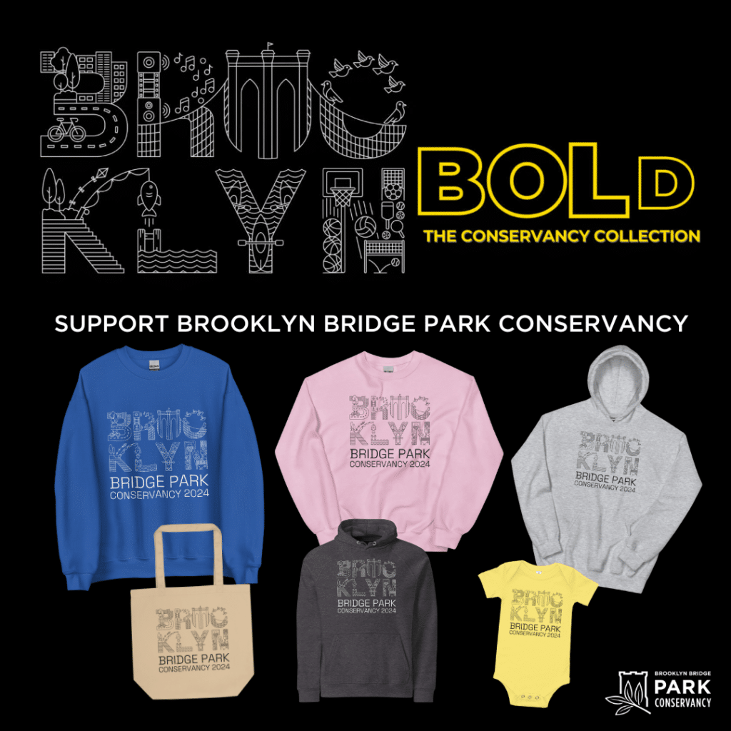 Brooklyn Bridge Park Conservancy Black Fri 2024 graphic showing hoodies and other exclusive merchandise